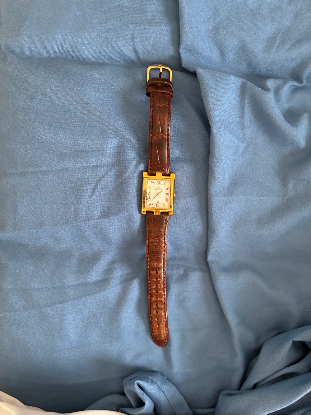 Bulova Gold-Tone Square Watch with Brown Leather Strap